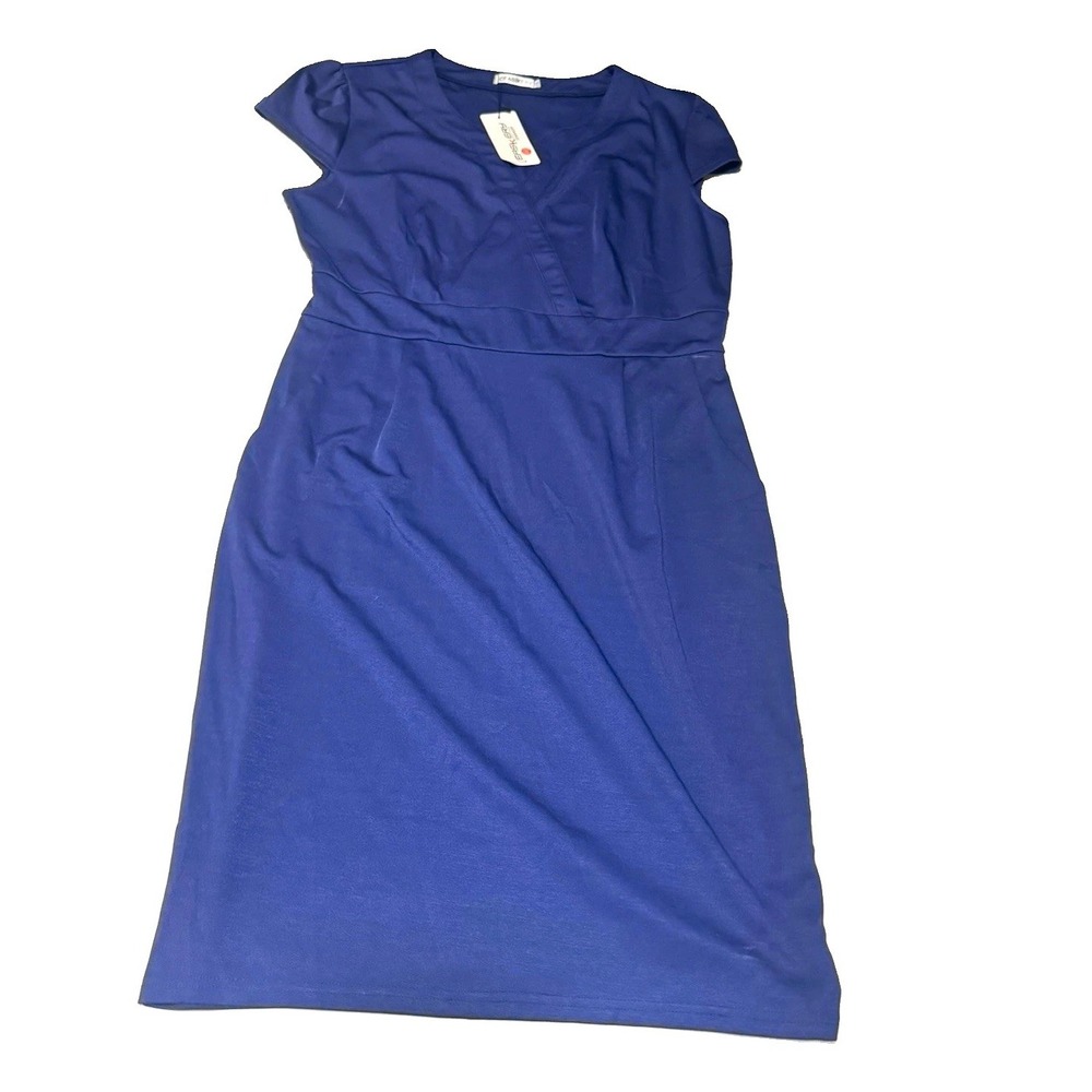 CEASIKERY Women's 2XL Blue V-Neck Cap Sleeve Sheath Knit Pleated Stretch